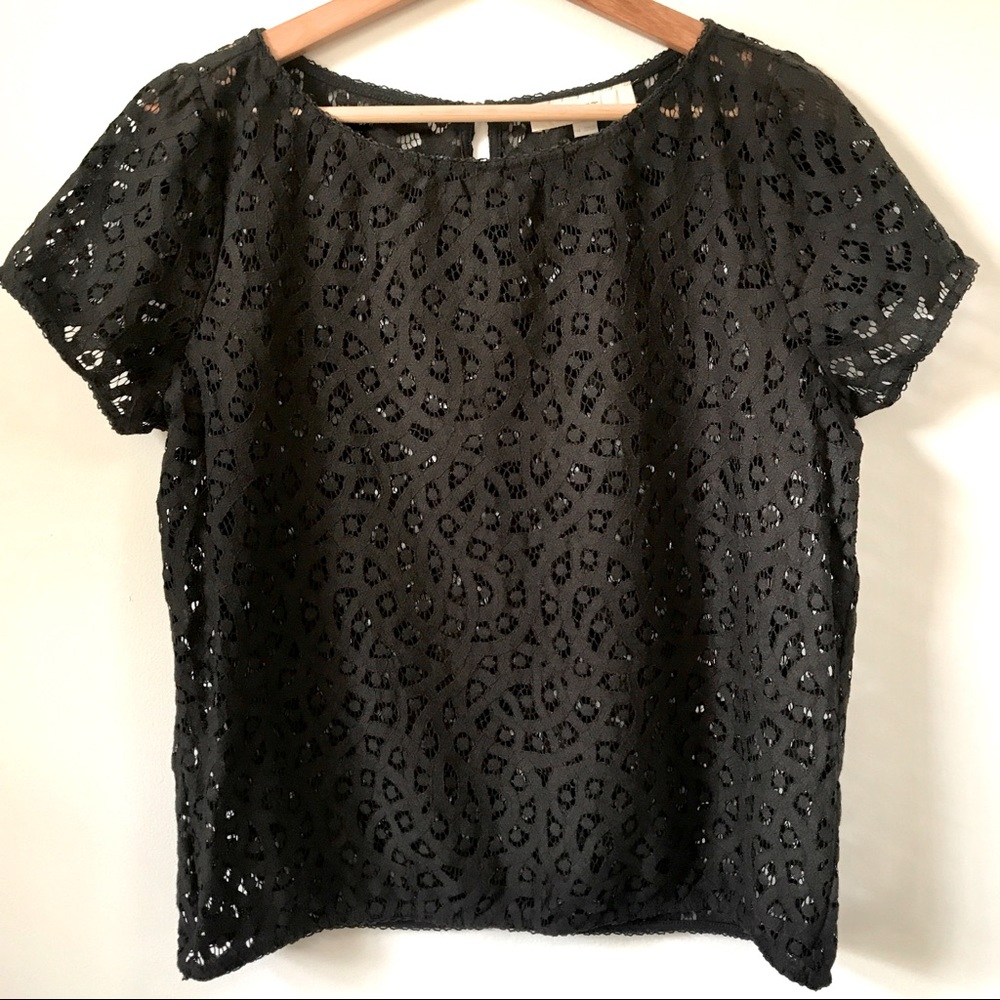 Anne Taylor LOFT Black Short Sleeve Eyelet Lace Blouse, Size M